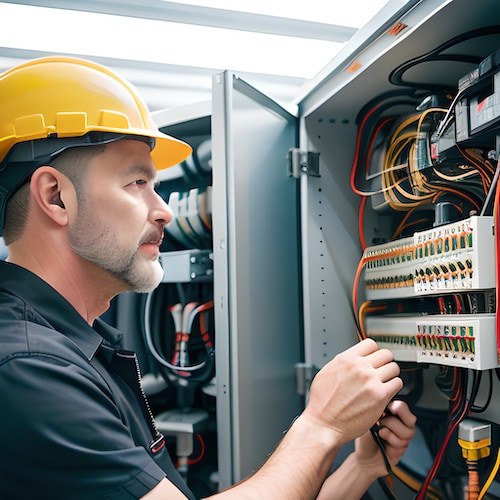 Commercial electrician testing workplace equipment